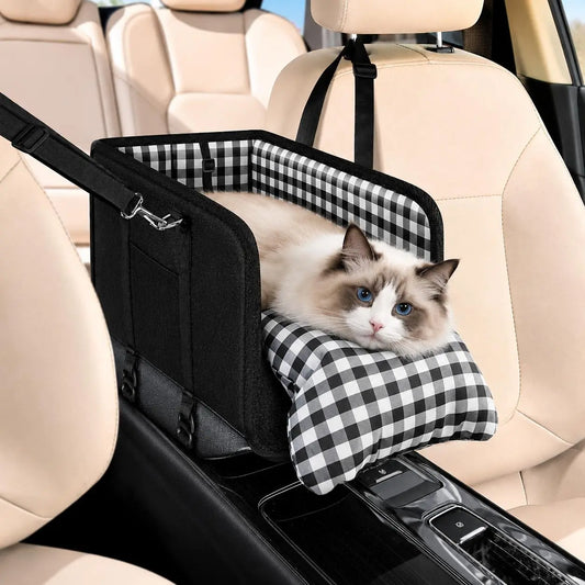 Console Pet Car Seat for Small Dogs & Cats up to 11Lb - Portable Center Console Booster Seat with Cozy Ride Thick Sponge Cushion, Safety Leash, Anti-Slip Design, Rotating Hook & Secure Restraint