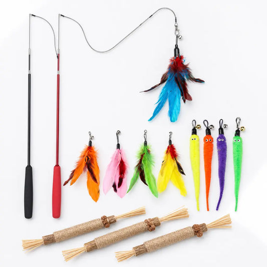 14-Piece Interactive Cat Toy Set with Retractable Rods, Feather Refills, and Silvervine Chew Sticks for Engaging Indoor Play