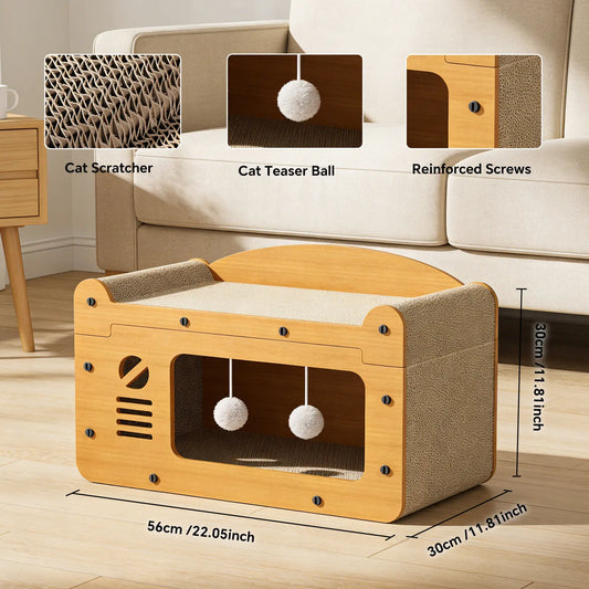 3-In-1 Eco-Friendly Cardboard Cat Scratcher House - Cozy Hideaway, Lounge Bed, Durable Corrugated Scratching Pad, Indoor Cave with Teaser Balls for Resting, Playing